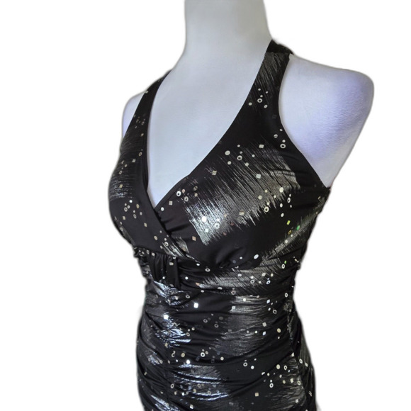 Taboo Black Sequin Ruched Halter Mini Dress Metallic Club Y2K Disco Hoco Prom S - Picture 5 of 8